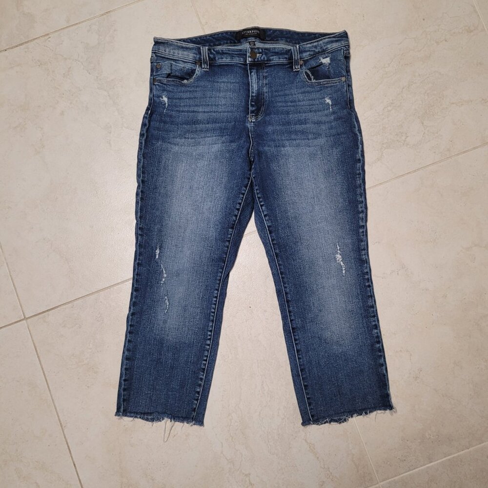 Liverpool LA Jeans Womens 14 Cropped Raw Hem Distressed Stretch Denim Trendy